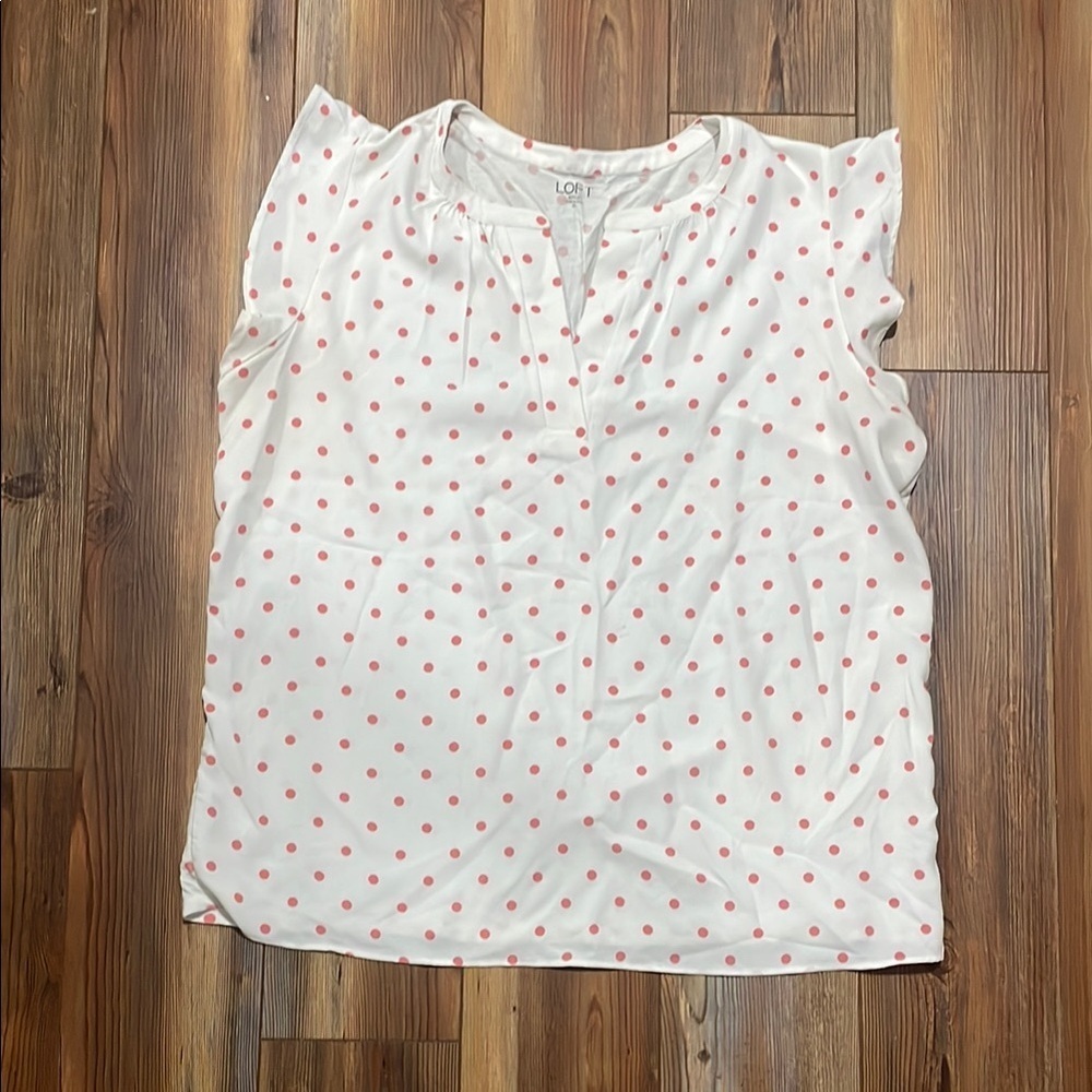 LOFT White with Pink Polka Dots Ruffled Sleeveless Blouse